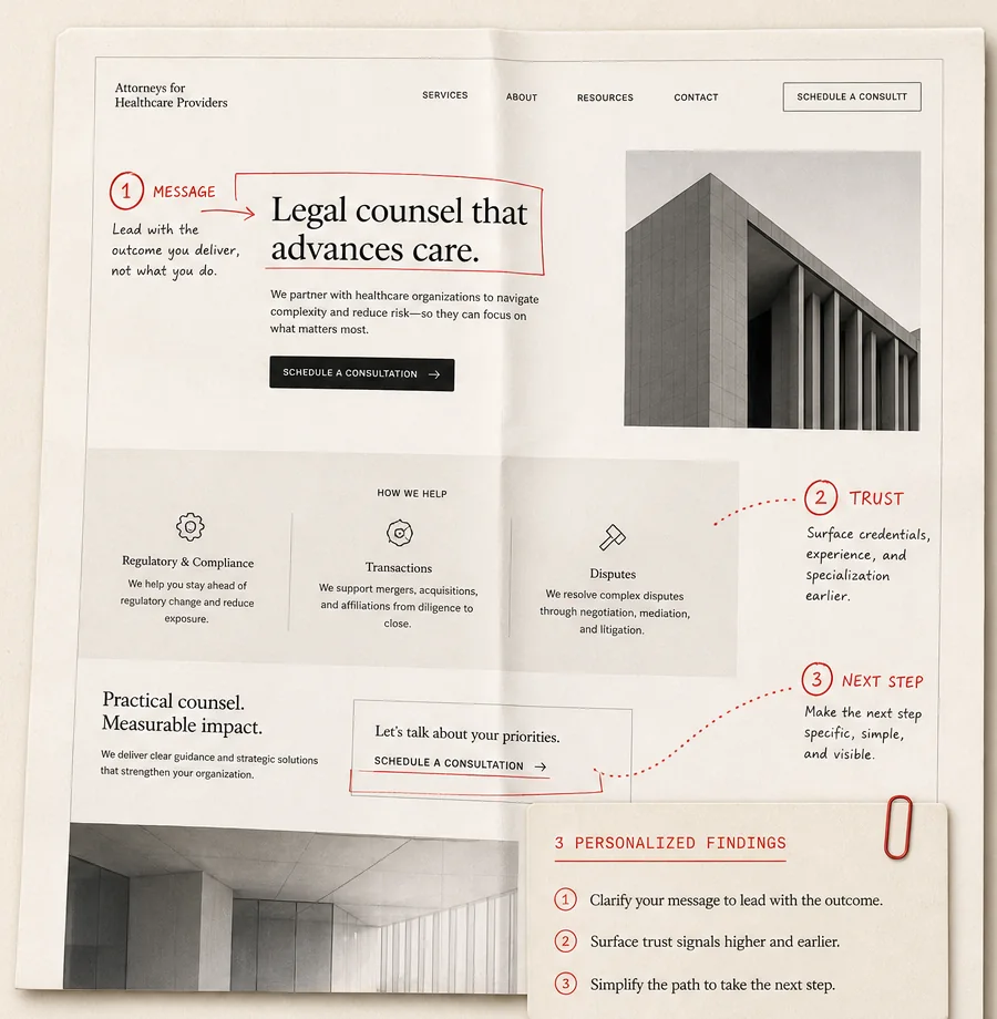 Annotated example website review highlighting message, trust, and next-step improvements